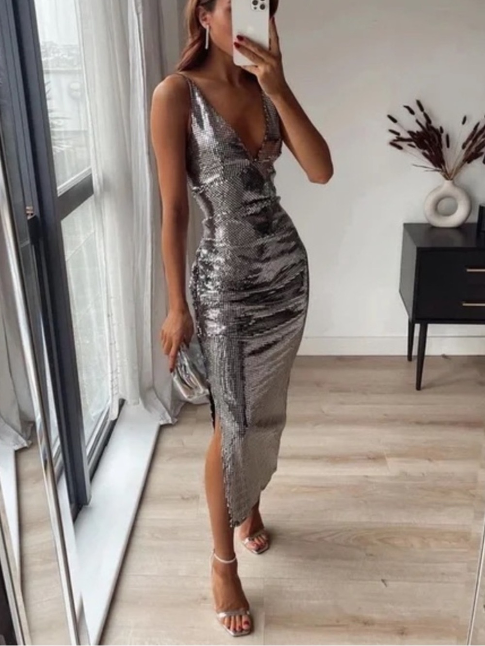 Zara Metallic Silver shimmer Sequin Midi Dress
